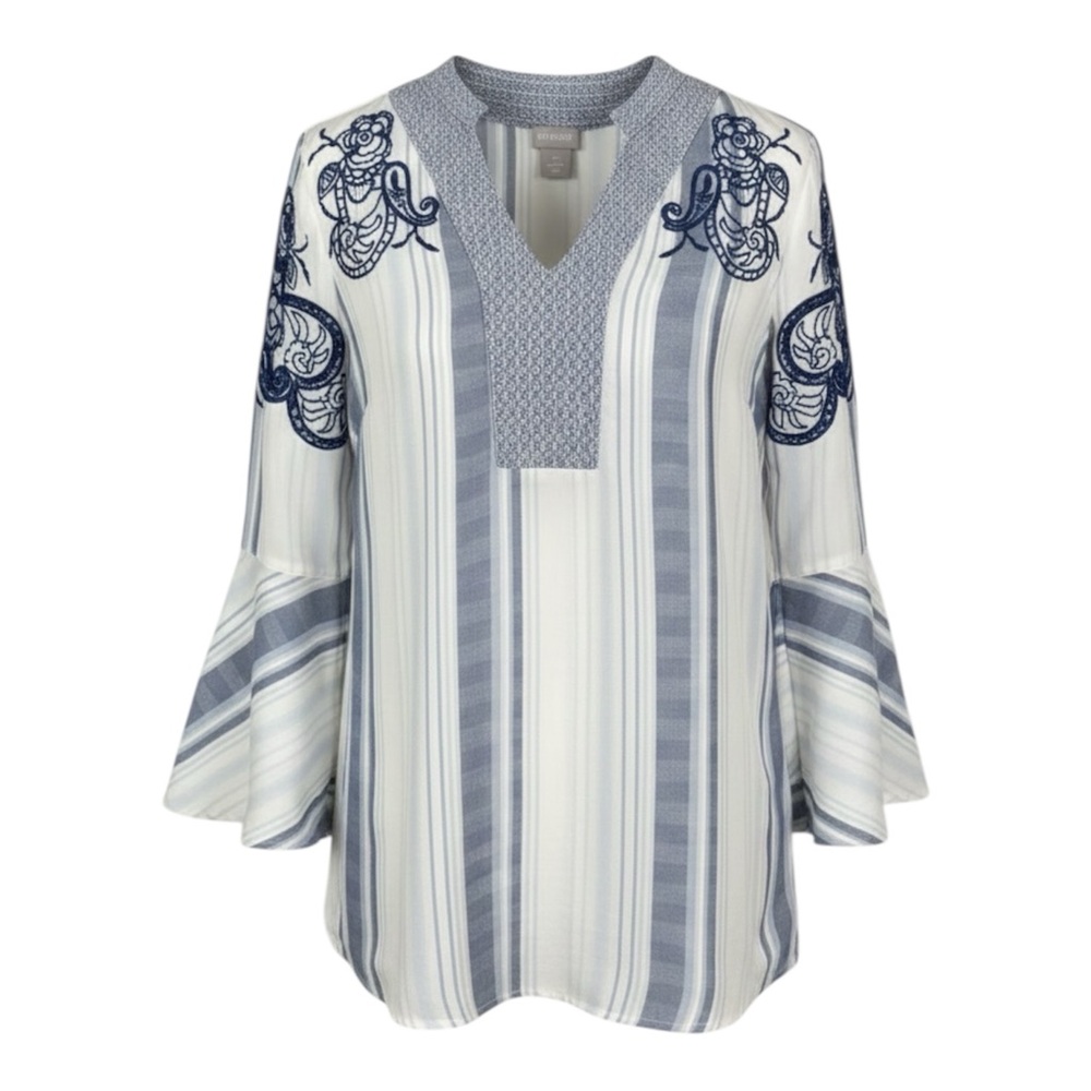 Chico’s Boho-Chic Striped Embroidered Bell Sleeve Top Size Small (Chico’s 0)